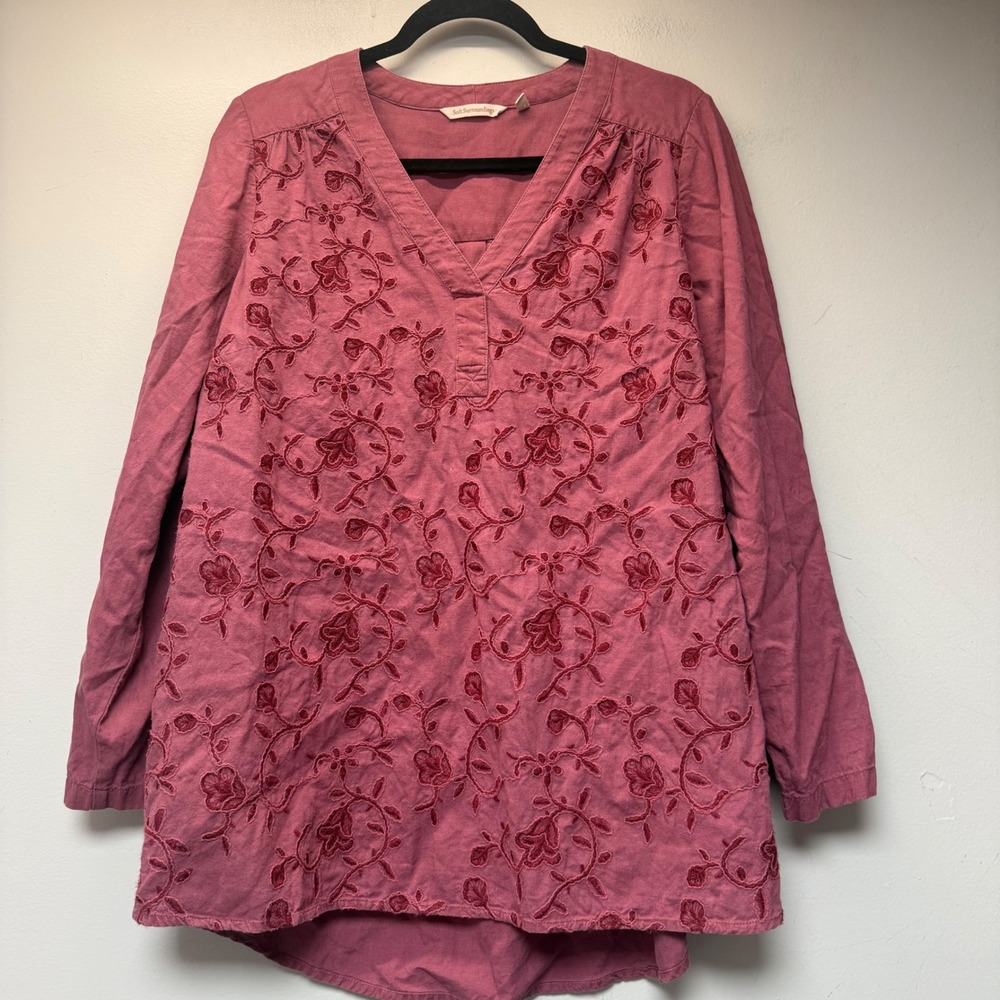 Soft Surroundings Tunic Women Large Mauve Rose Excellent Embroidered Linen 2G897